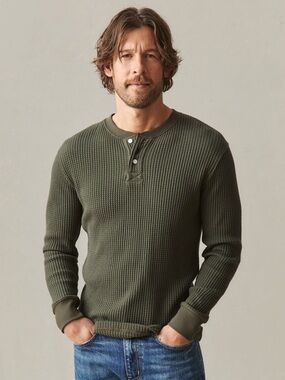 AMERICAN GIANT Mens Waffle Knit Long Sleeve Henley Top Medium Olive Green Casual